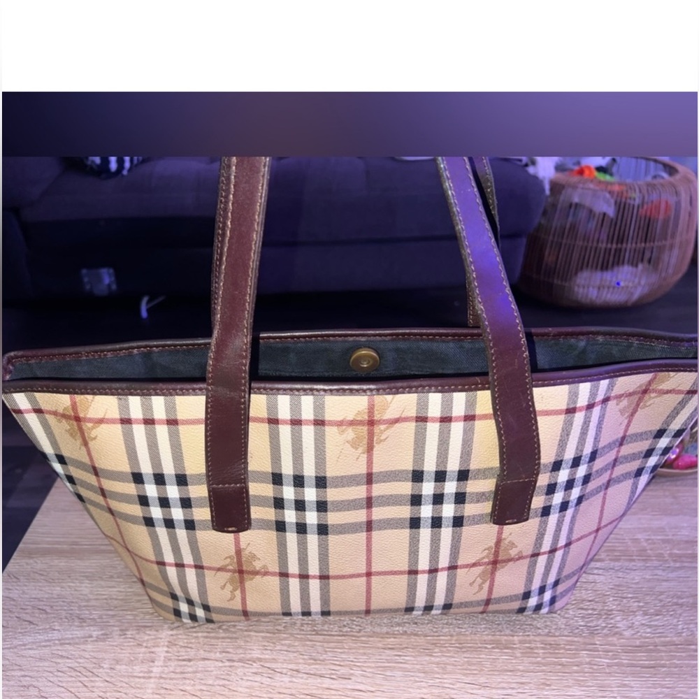 Burberry Beige Check Canvas Tote with Brown Leather Straps